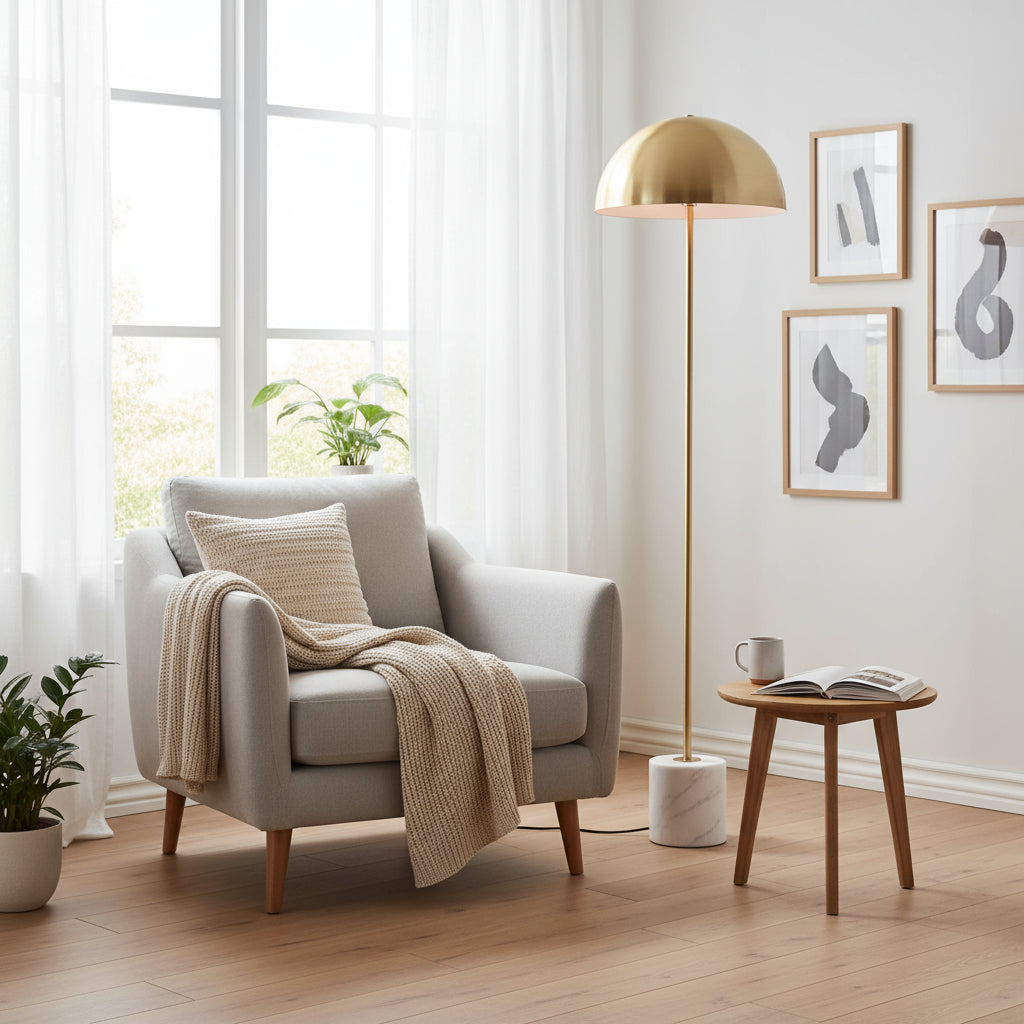 Murdoch Stehlampe in gebürstetem Messing mit Marmorsockel